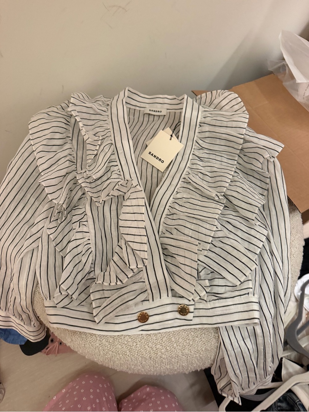 Sandro White & Black Striped Ruffle top